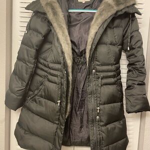 Laundry By Shelli Segal Dark Gray Puffer Coat with Faux Fur Trim